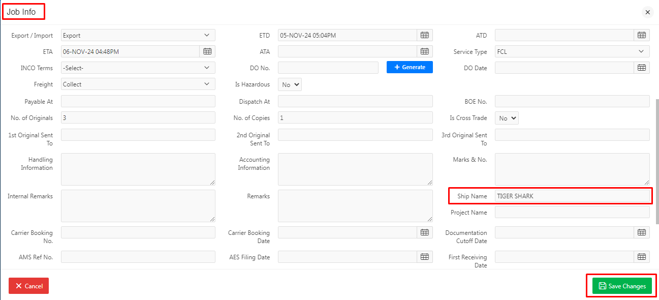 How to Update Ship Name in Job Page of Fresa Application